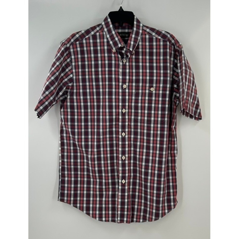 Orvis Mens Red Navy Blue Plaid Short Sleeve Button Down Cotton Shirt Medium